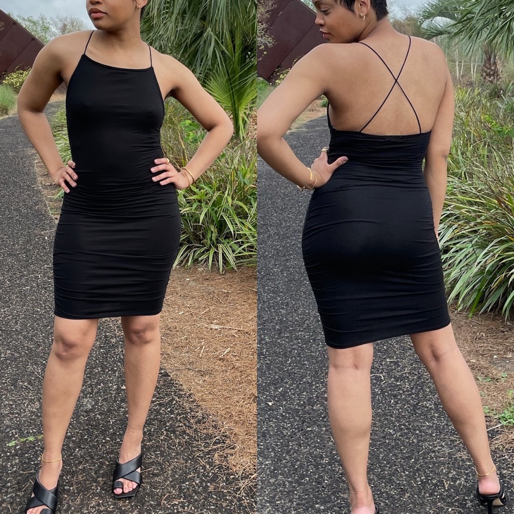 Heart & Hips Womens Dress Size Large Black Ruched Strappy Mini